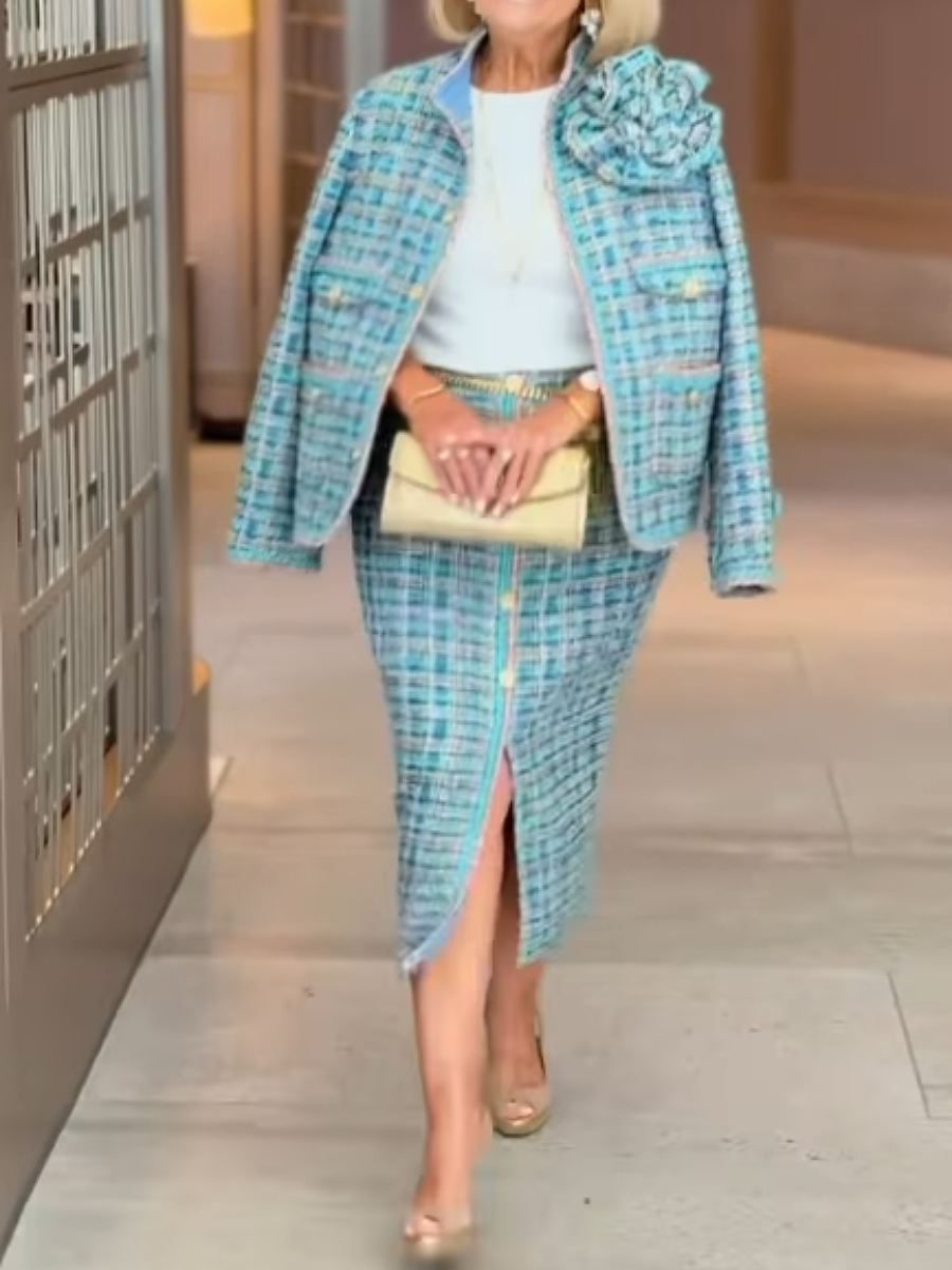 Blue Tweed Fabric Skirt Set