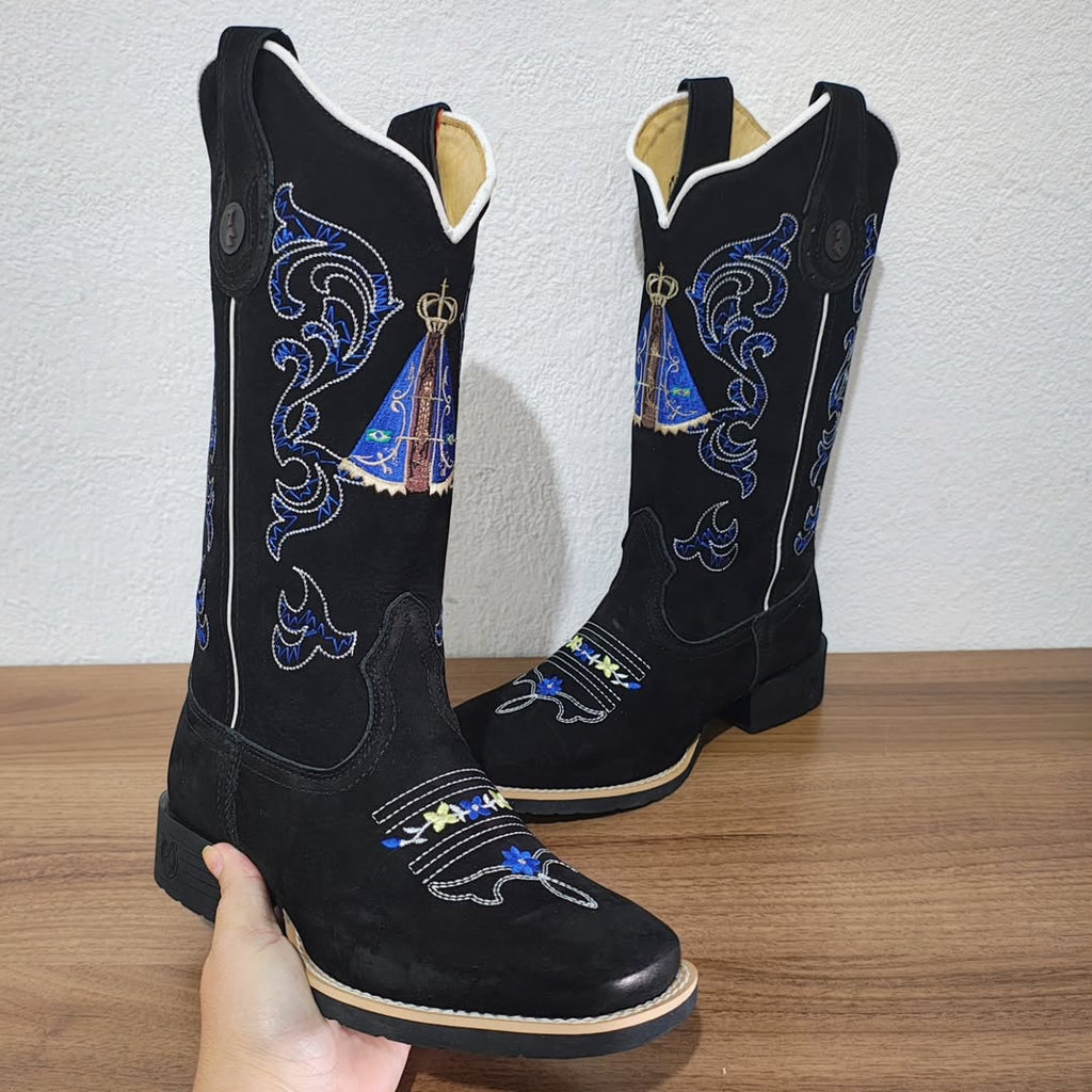 Women's Black Western Boots In Embroidered Blue Leather By Aparecida