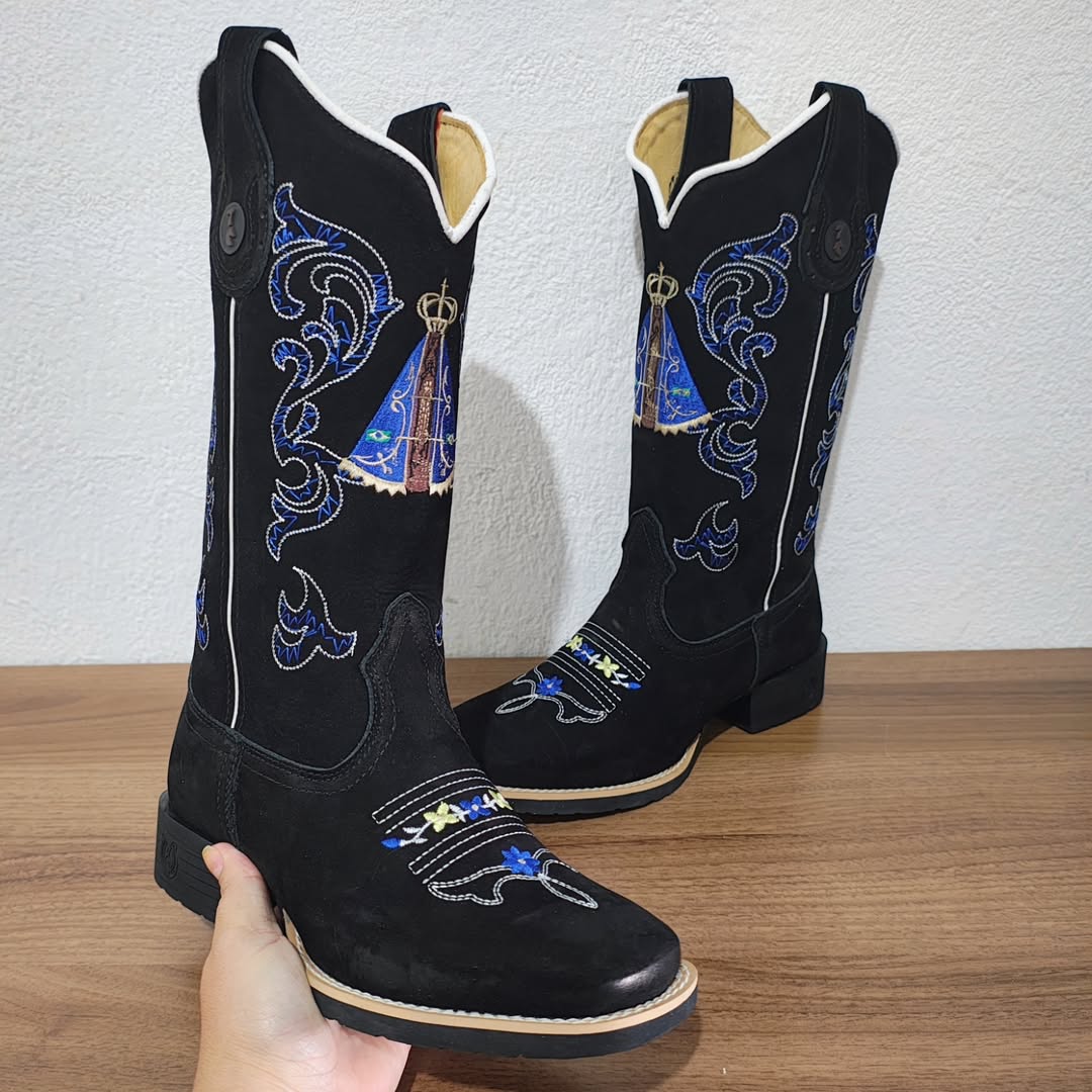 Women's Black Western Boots In Embroidered Blue Leather By Aparecida