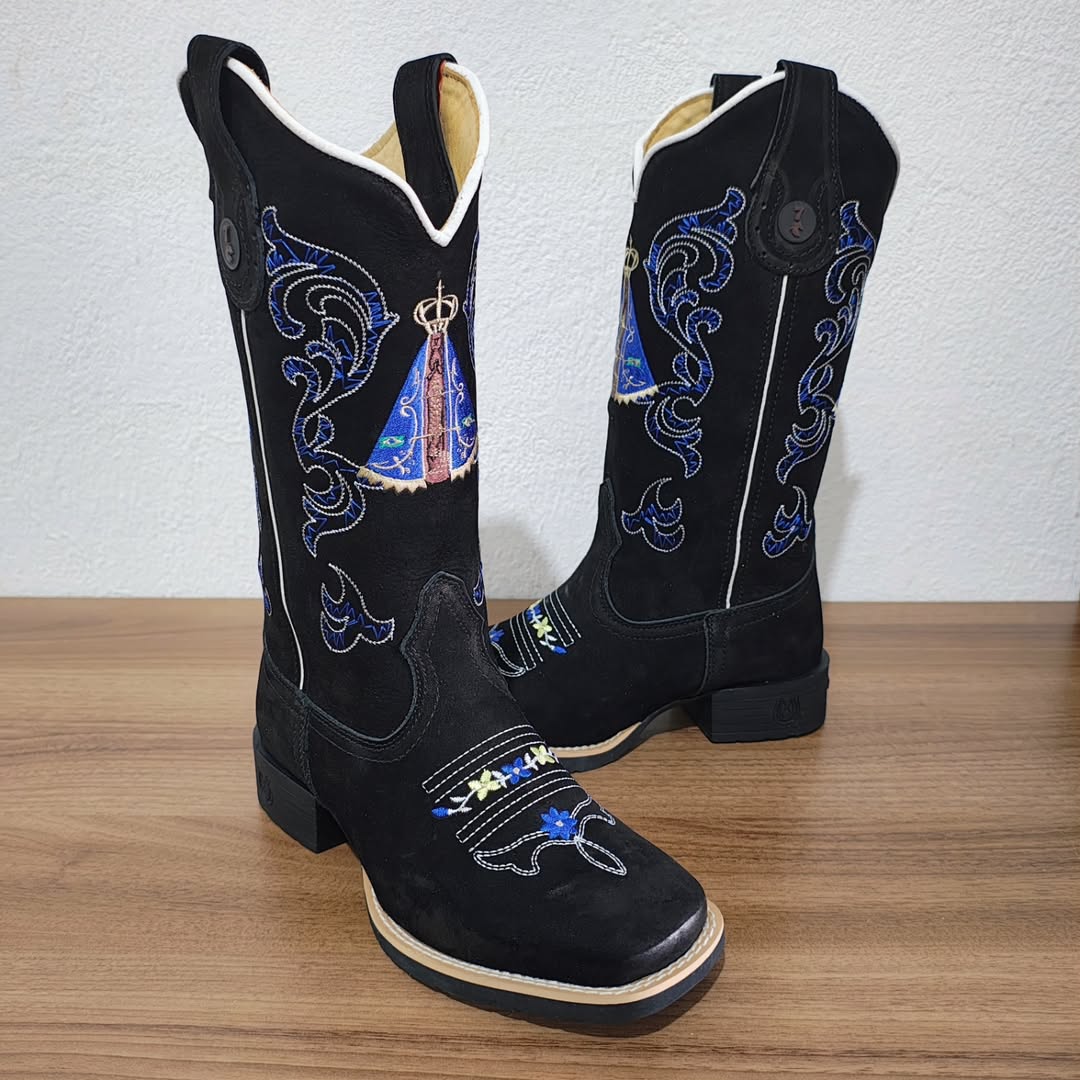 Women's Black Western Boots In Embroidered Blue Leather By Aparecida