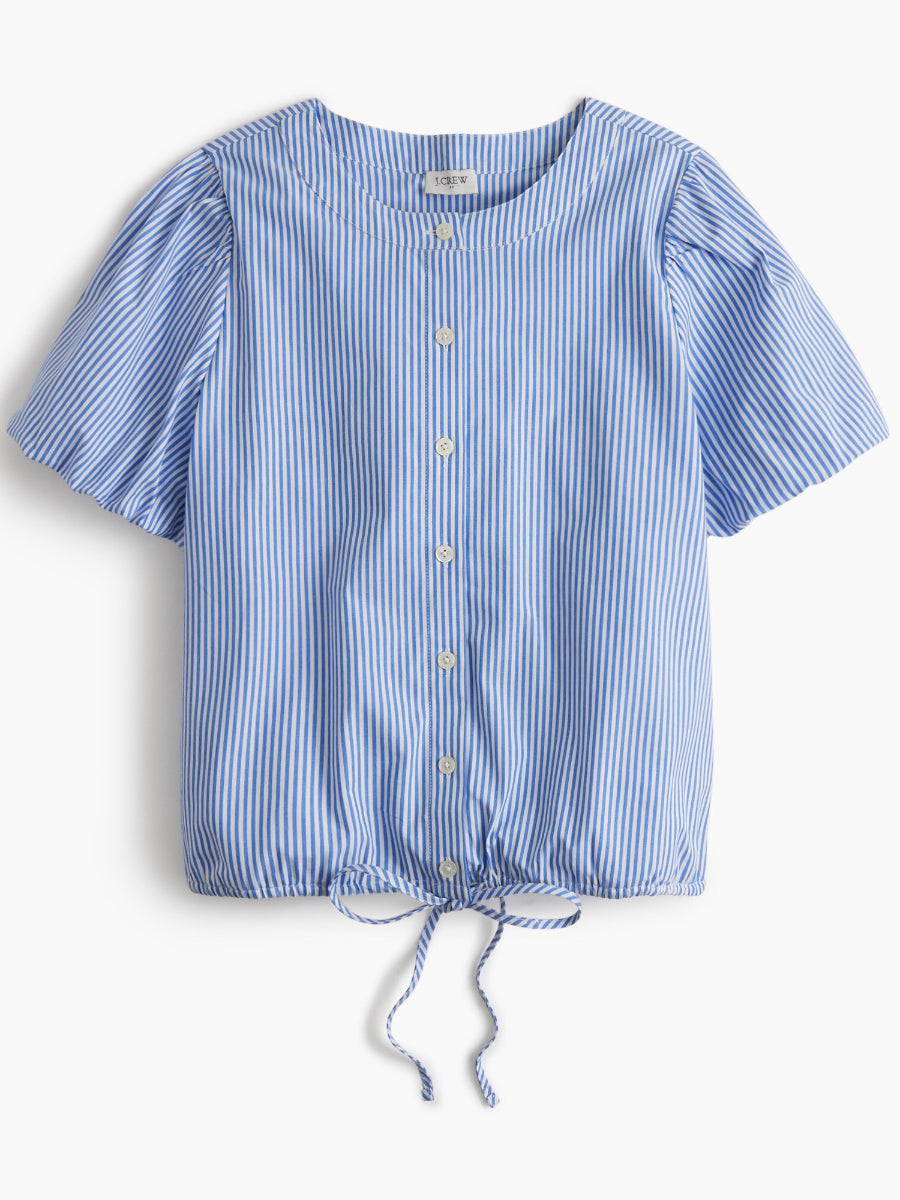 Stripe Puff-Sleeve Tie-Waist Top