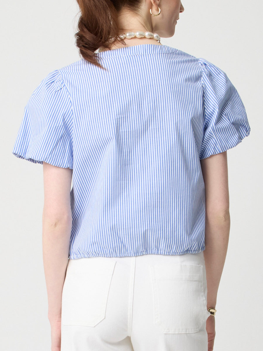Stripe Puff-Sleeve Tie-Waist Top