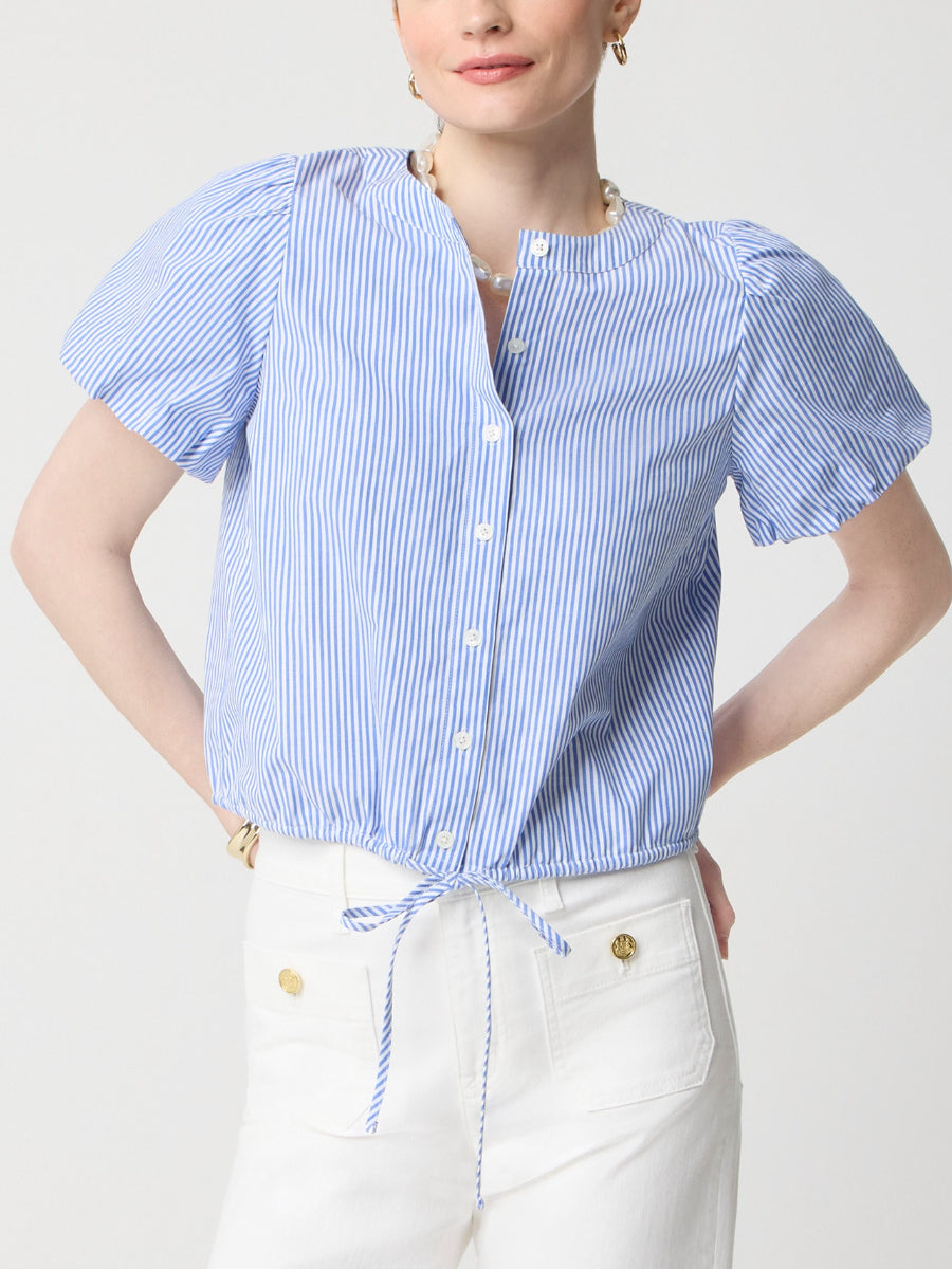 Stripe Puff-Sleeve Tie-Waist Top