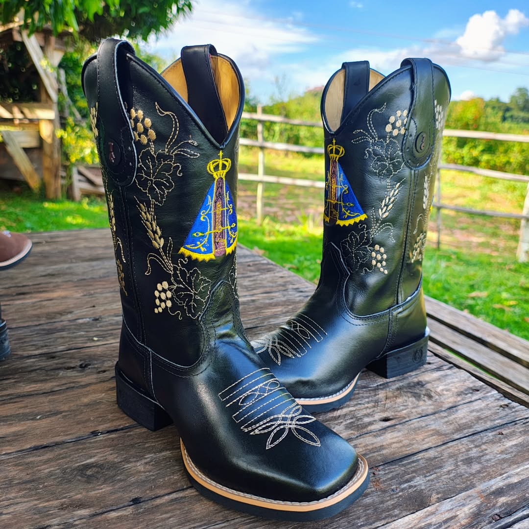 Florence Western Boot, Smooth Brown Leather, Pink Embroidery, Traditional Mid-Calf