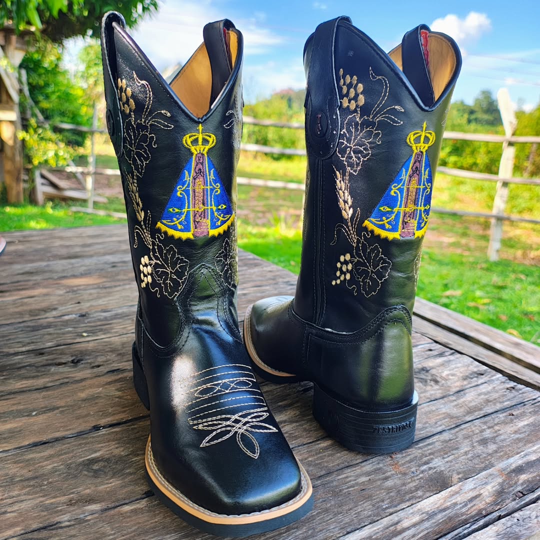 Florence Western Boot, Smooth Brown Leather, Pink Embroidery, Traditional Mid-Calf