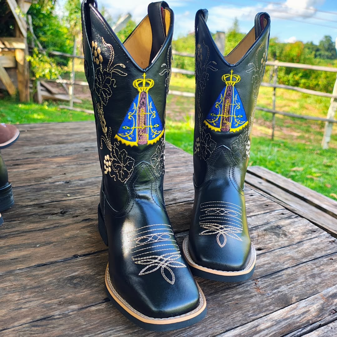 Florence Western Boot, Smooth Brown Leather, Pink Embroidery, Traditional Mid-Calf