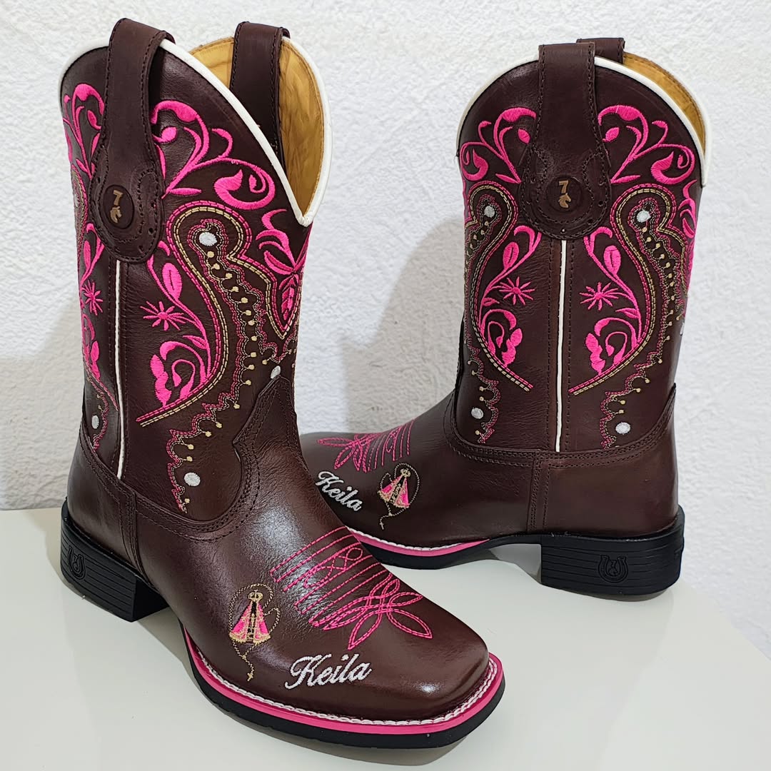 Florence Western Boot, Smooth Brown Leather, Pink Embroidery, Traditional Mid-Calf
