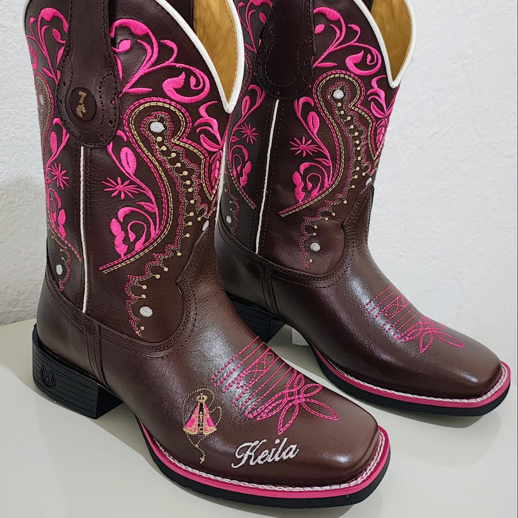 Florence Western Boot, Smooth Brown Leather, Pink Embroidery, Traditional Mid-Calf