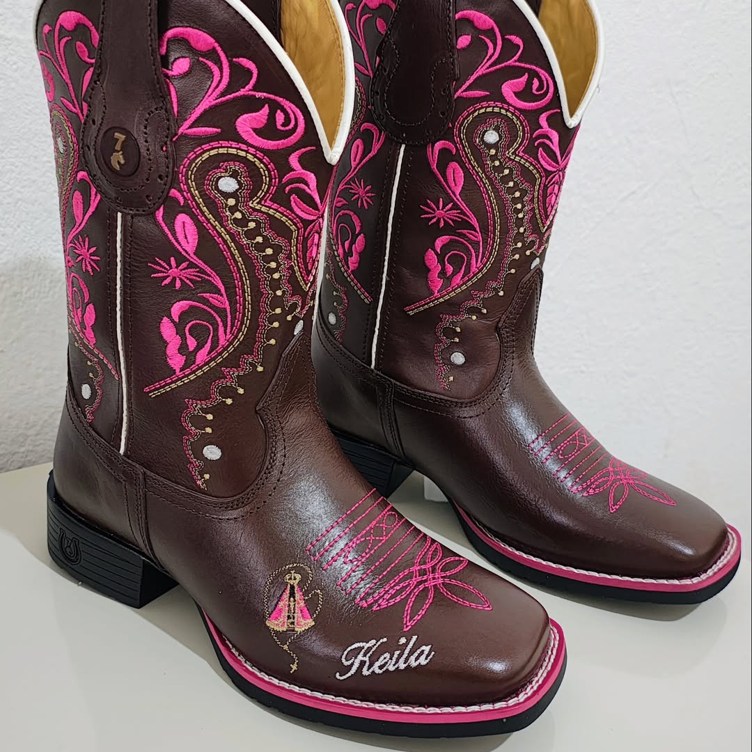 Florence Western Boot, Smooth Brown Leather, Pink Embroidery, Traditional Mid-Calf