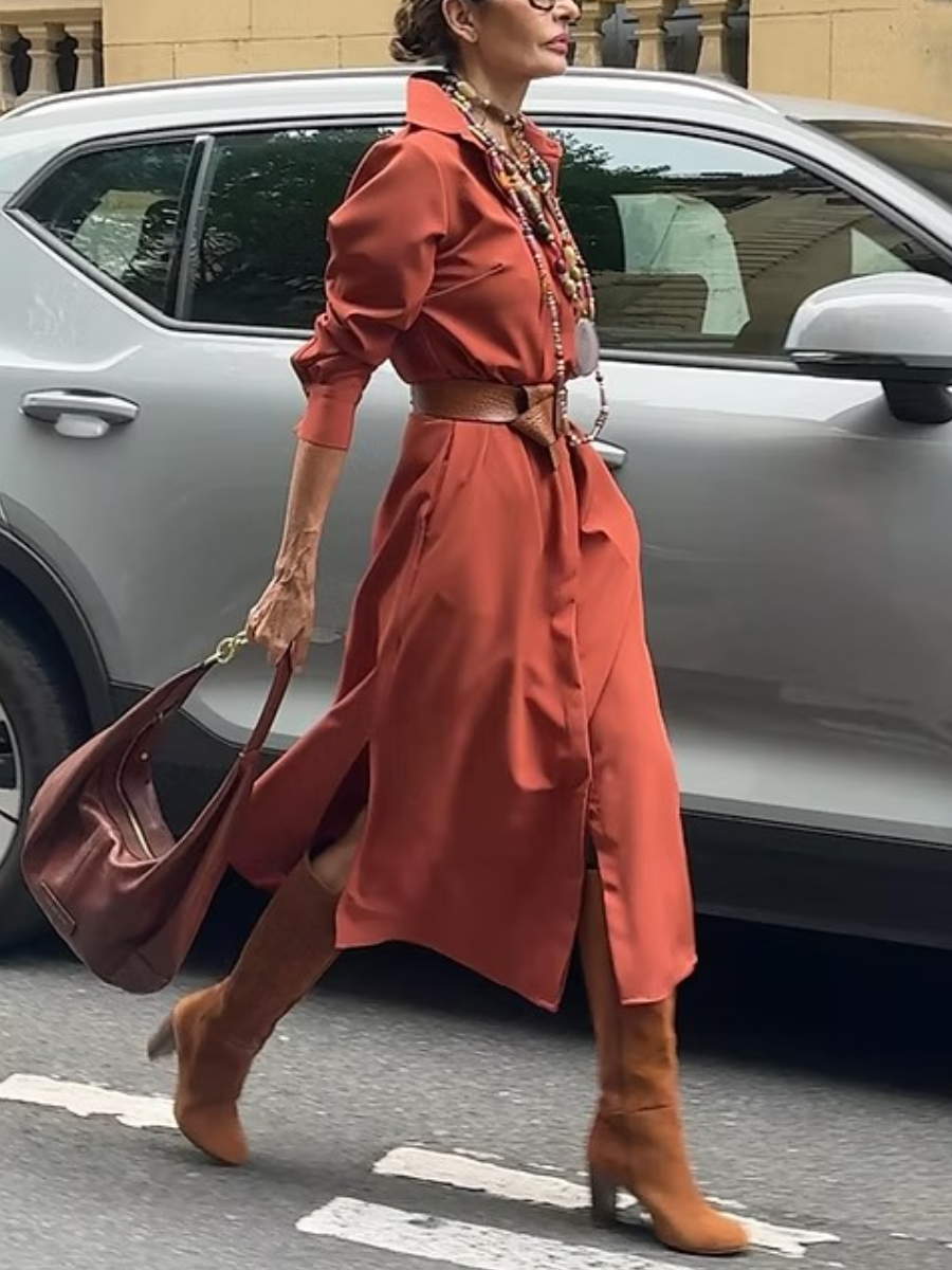 Collar Neck Long Sleeves Shirt Dress With Side Pockets