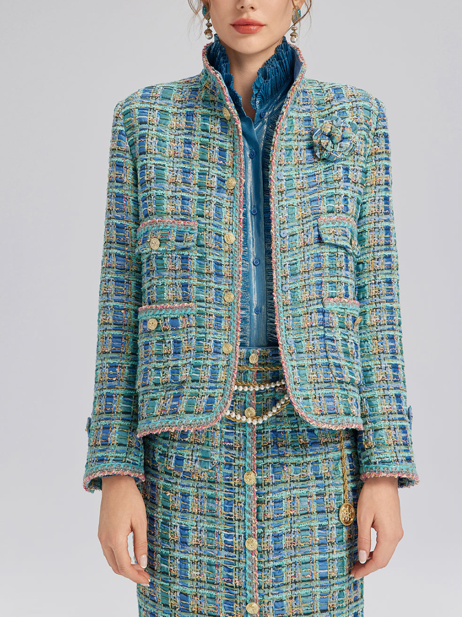 Blue Tweed Fabric Skirt Set