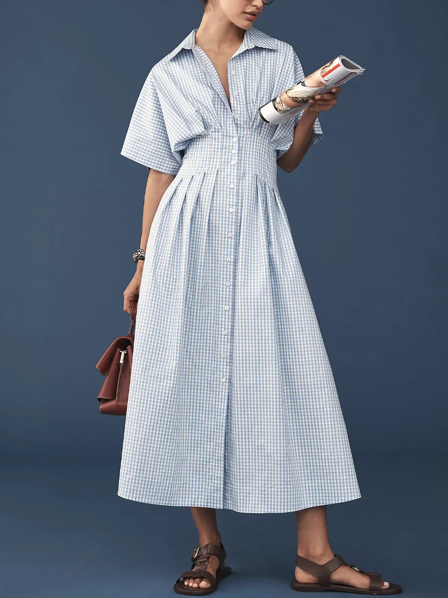 Button-Front Pleated Shirt Dress