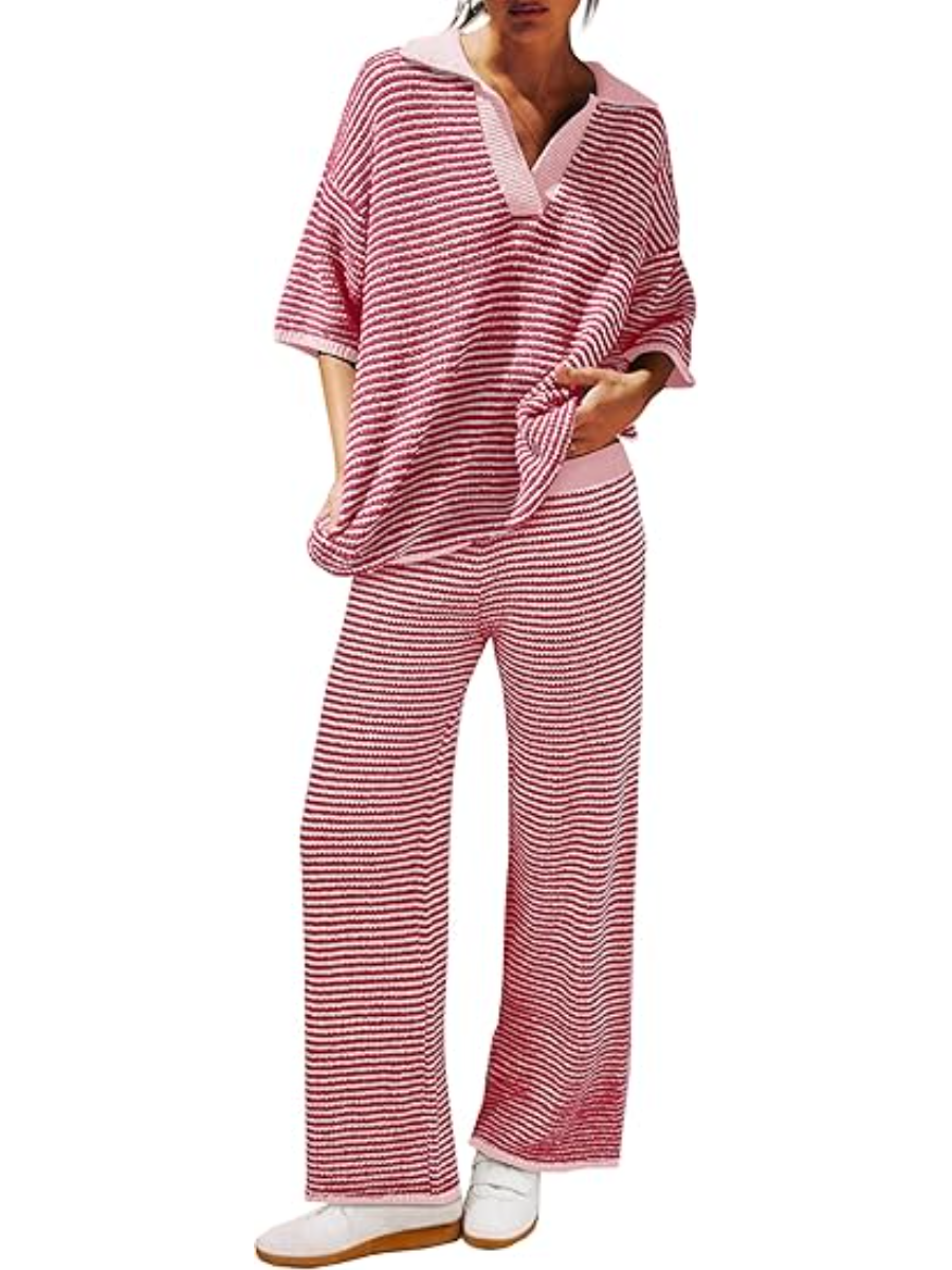 Versized 3/4 Sleeve V Neck Knit Set