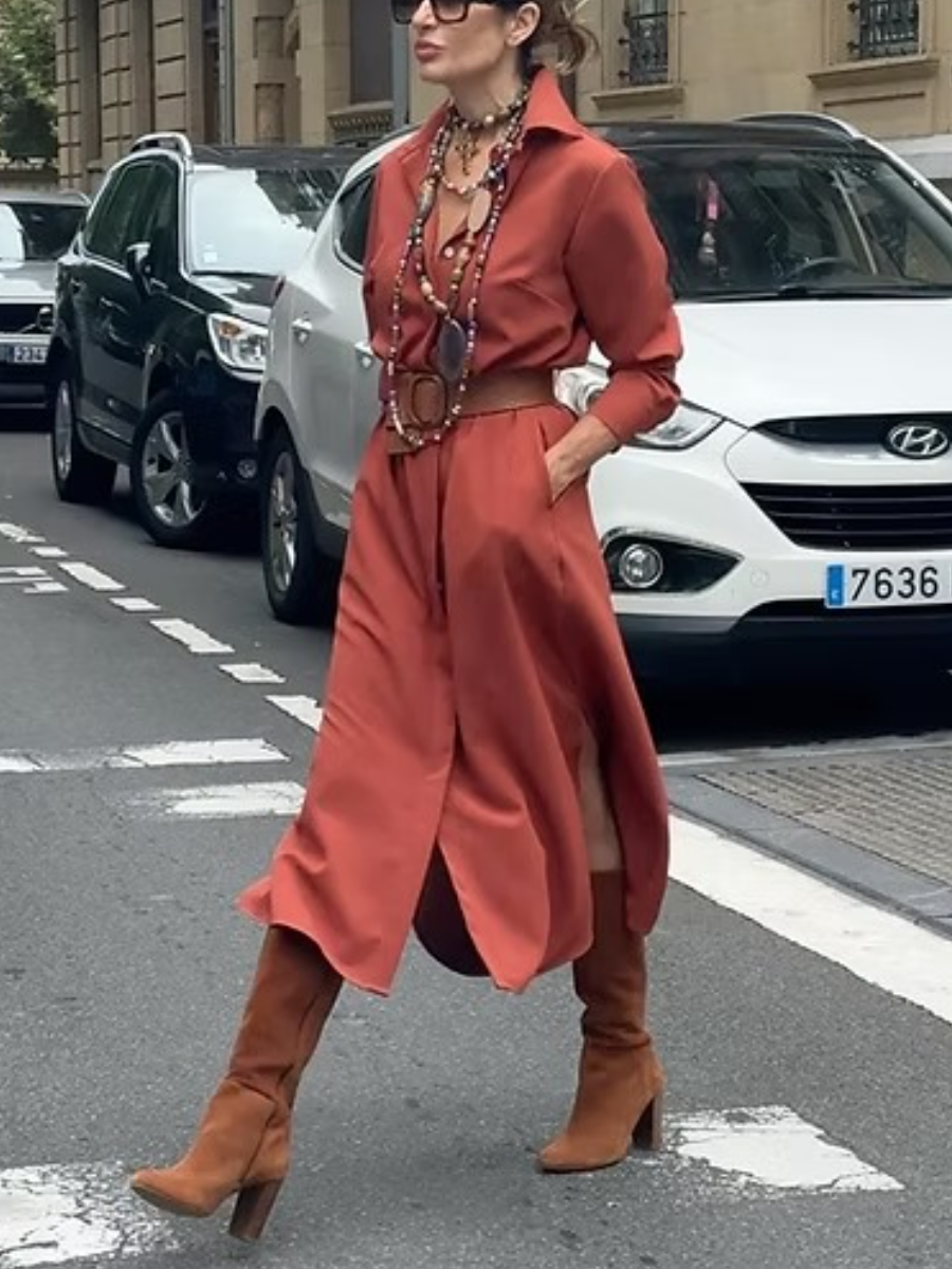 Collar Neck Long Sleeves Shirt Dress With Side Pockets
