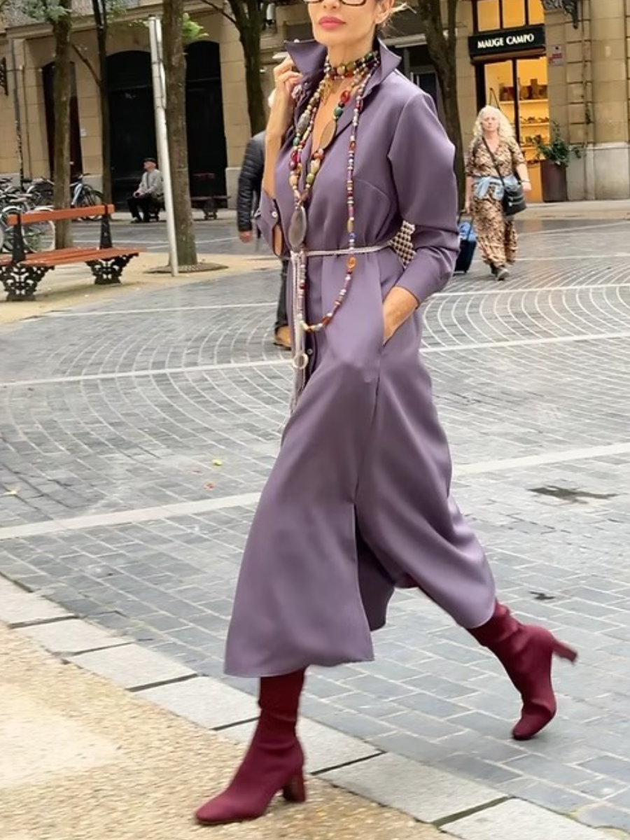 Collar Neck Long Sleeves Shirt Dress With Side Pockets