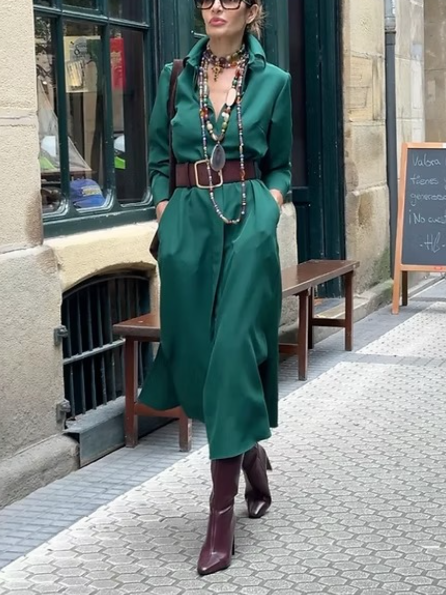 Collar Neck Long Sleeves Shirt Dress With Side Pockets