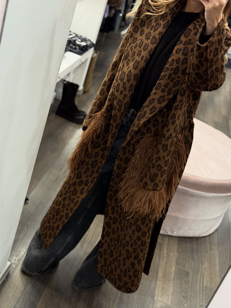 Leopard-Print Wool Fringed Coat