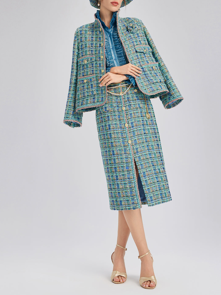 Blue Tweed Fabric Skirt Set