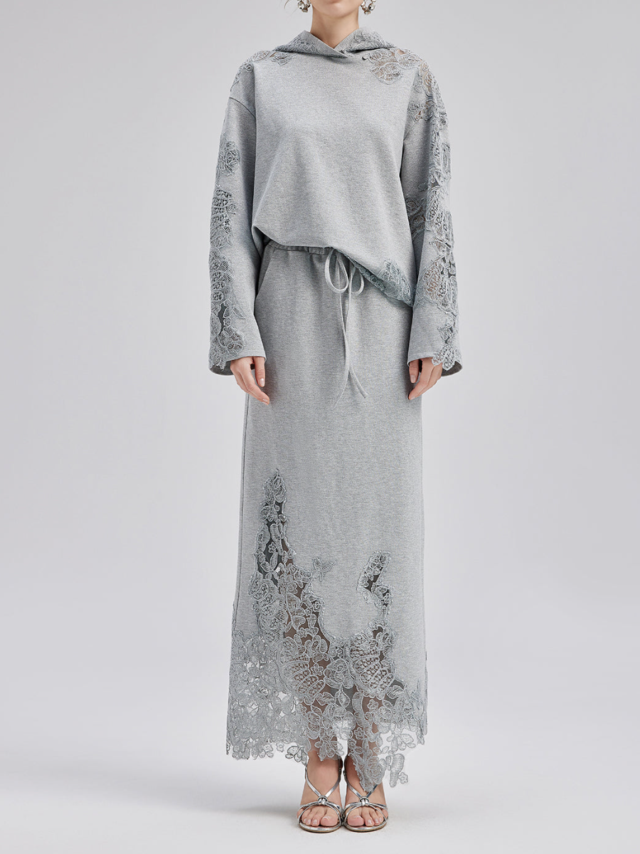 Lace Detail Hooded Skirt Set
