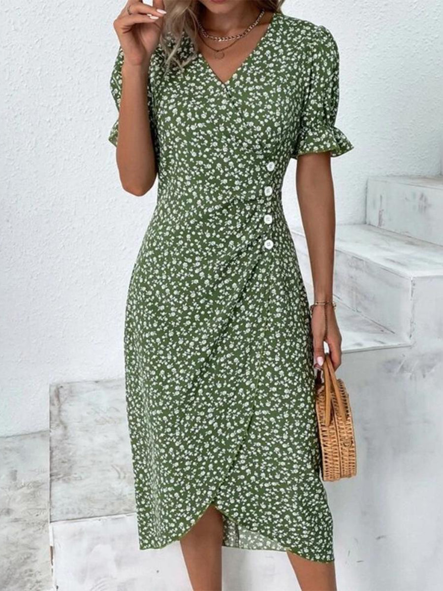 Short Sleeve Green Floral Print Button Front Midi Dress
