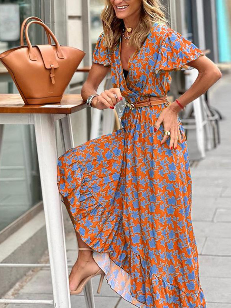 V-Neck Short Sleeve Swing Print Dress