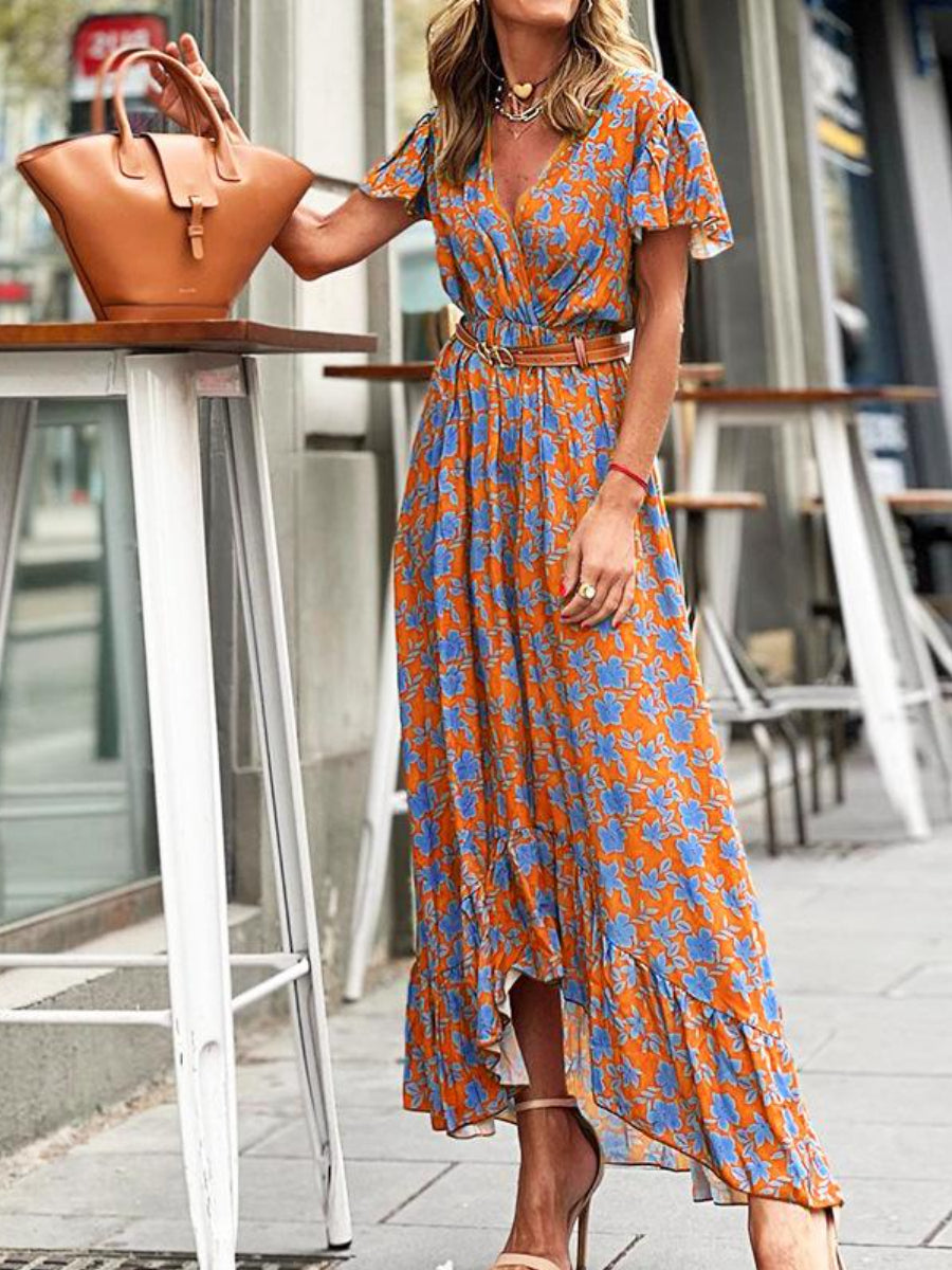 V-Neck Short Sleeve Swing Print Dress