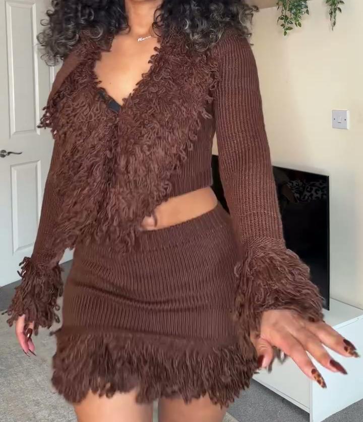 Fringe Sweater Cardigan Skirt Set