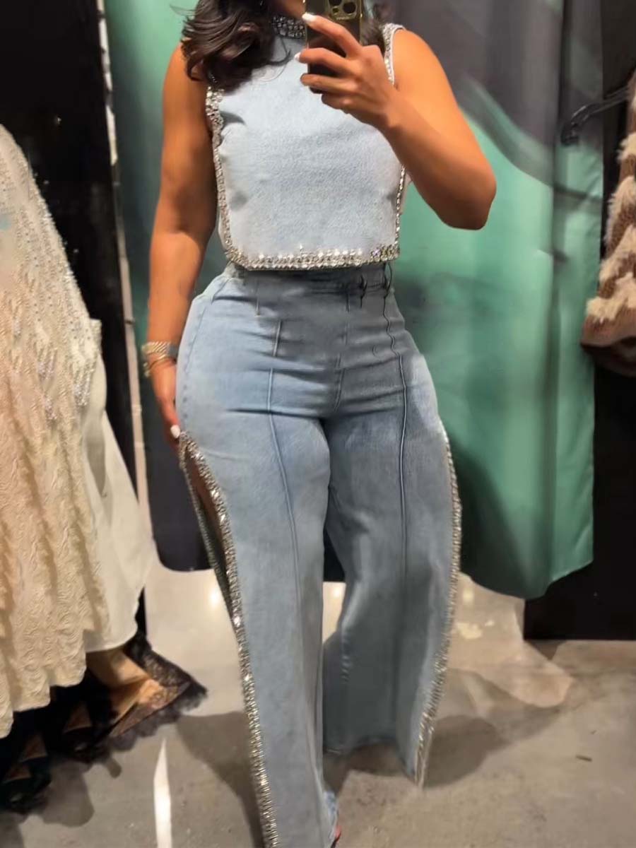 Popping Out Rhinestone Denim Blouse+Rhinestone Denim Pant