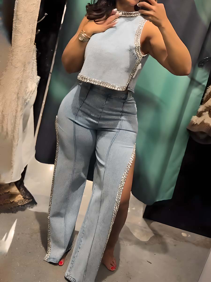 Popping Out Rhinestone Denim Blouse+Rhinestone Denim Pant